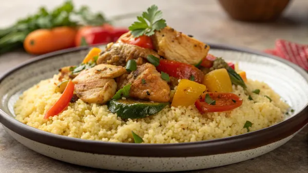 Snelle Senegalees geïnspireerde couscous met kip en groenten