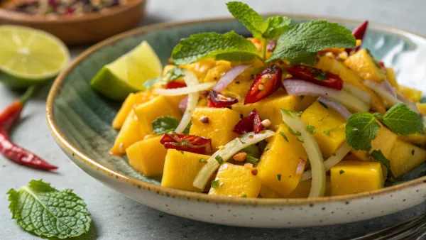 Rauwe mango salade met pittige dressing