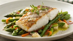 Gemarineerde witte vis met lente groenten