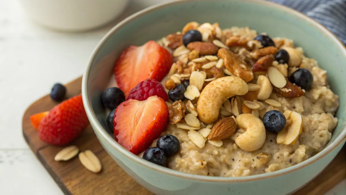 Geroosterde cashewnoot ontbijtkom met havermout
