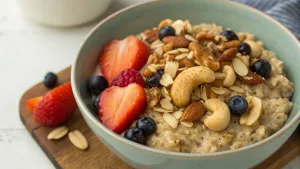 Geroosterde cashewnoot ontbijtkom met havermout