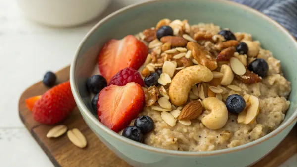 Geroosterde cashewnoot ontbijtkom met havermout