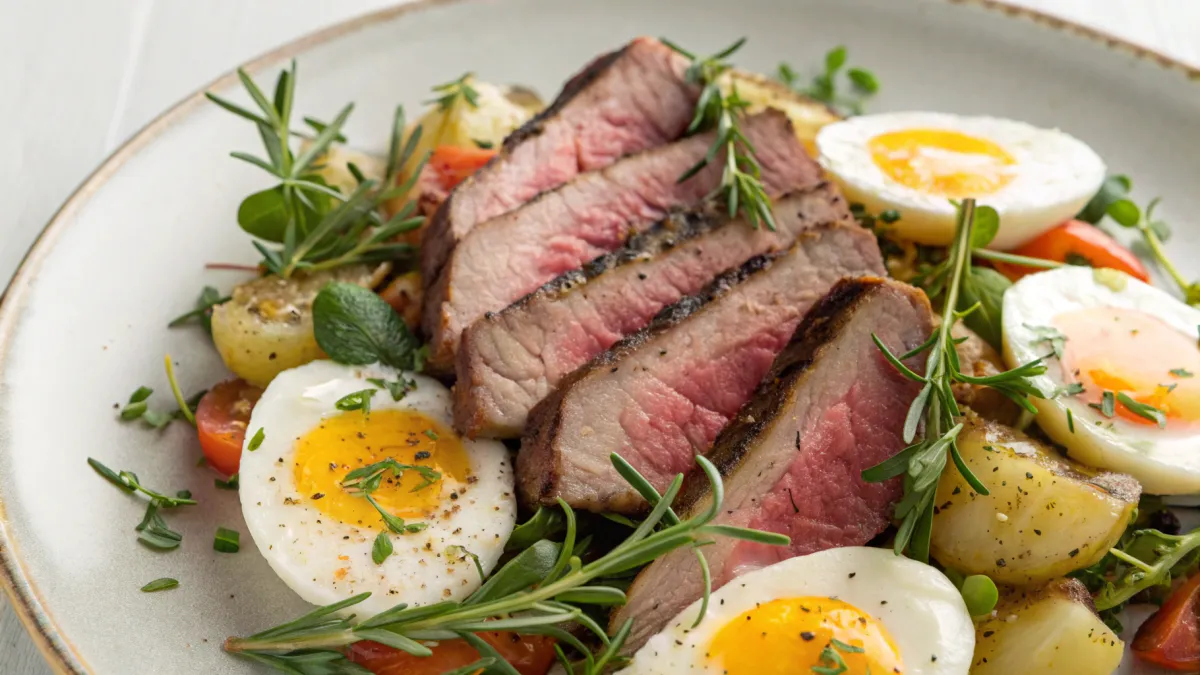 Lamsvlees ontbijt met kruiden en eieren