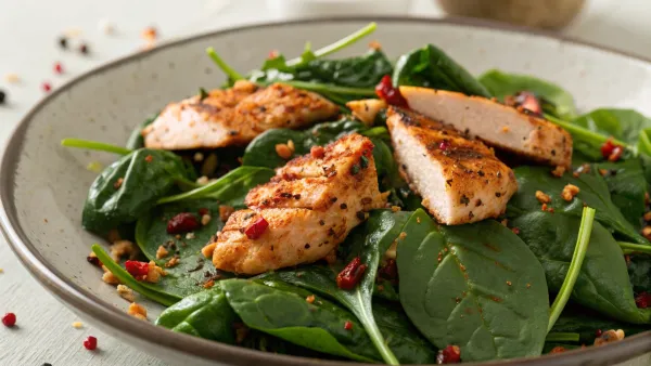 Pittige spinazie met gegrilde kip