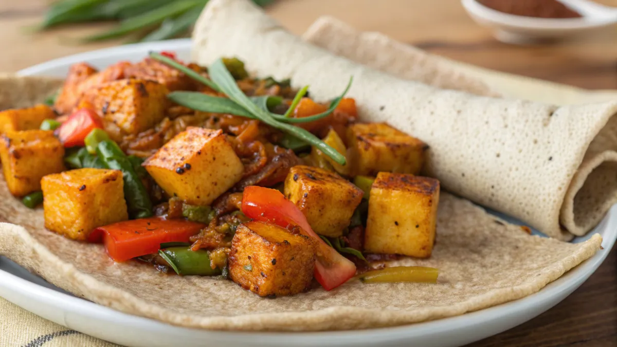 Gekruide tofu met injera en groenten