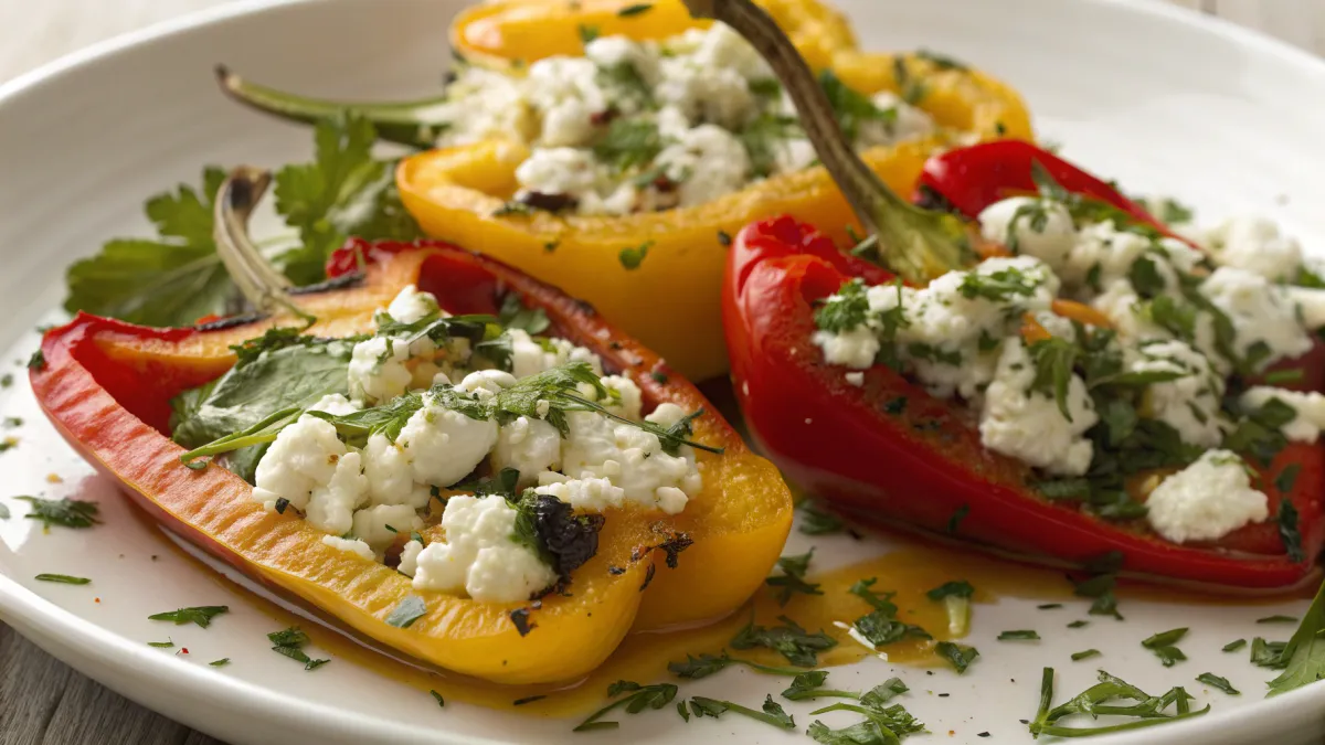 Gegrilde paprika's gevuld met geitenkaas en kruiden