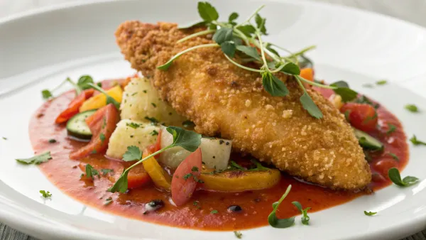 Gepaneerde parmezaanse kip met zoetzure saus