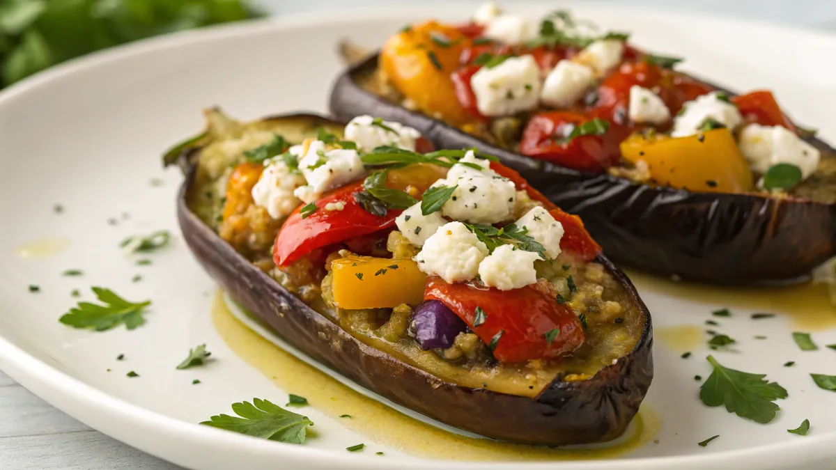 Gestoofde aubergine met paprika en feta