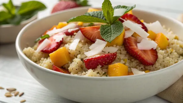 Gestoomde quinoa met tropisch fruit en kokos