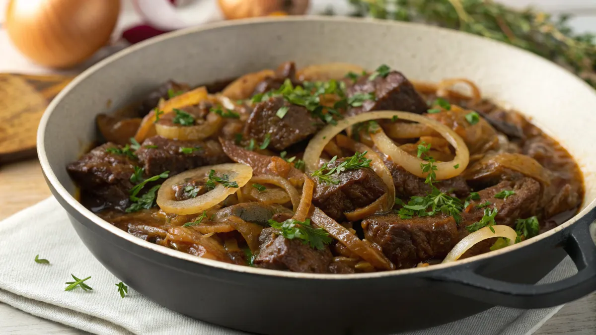 Gestoofde uien met rundvlees en kruiden