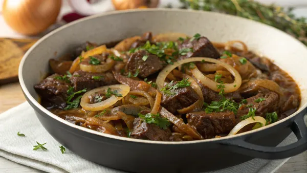 Gestoofde uien met rundvlees en kruiden