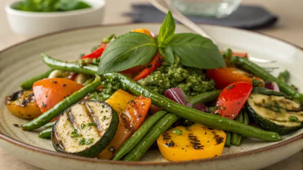 Pesto salade met gegrilde groenten en kikkererwten