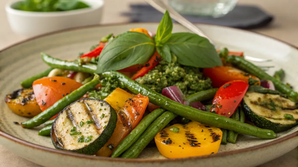 Pesto salade met gegrilde groenten en kikkererwten