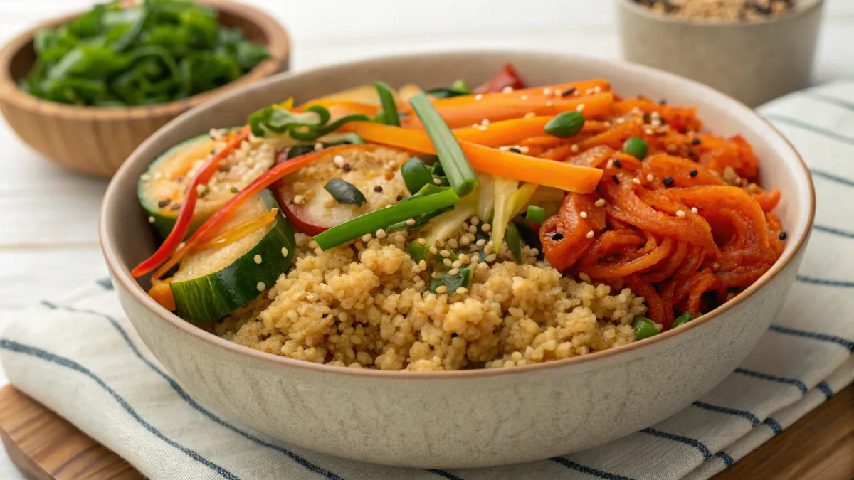 Koreaanse quinoa schotel met groenten en kimchi