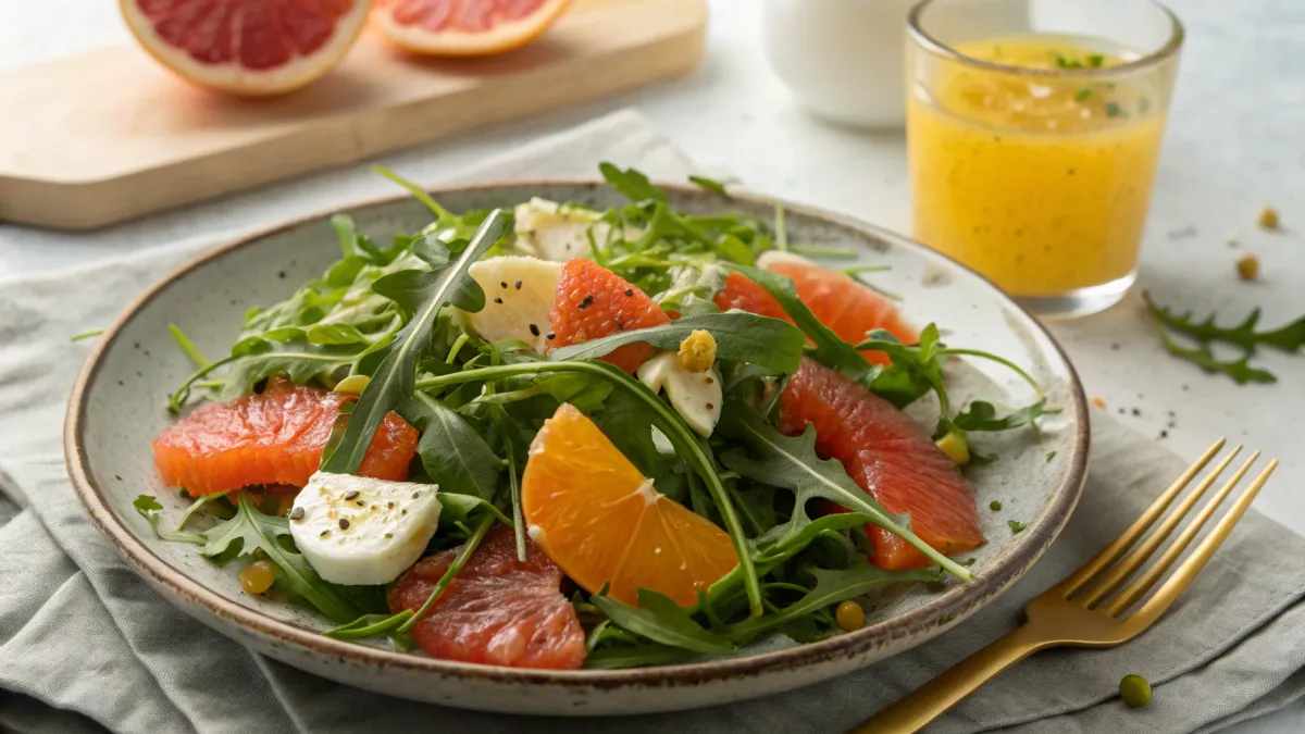 Creoolse rucola ontbijtsalade met citrusdressing