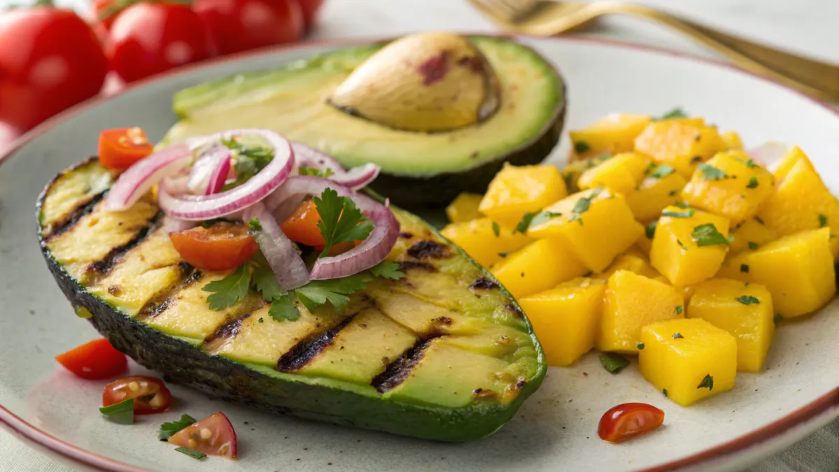 Mango salsa met gegrilde avocado