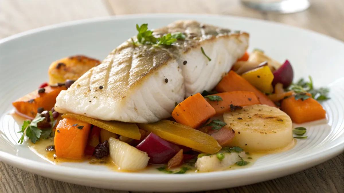 Gemarineerde witte vis met herfstgroenten