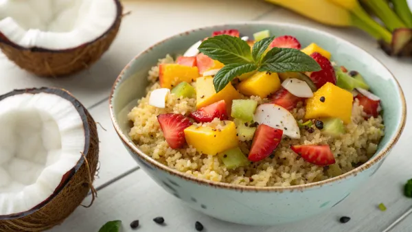 Geroosterde boekweit met tropisch fruit en kokos