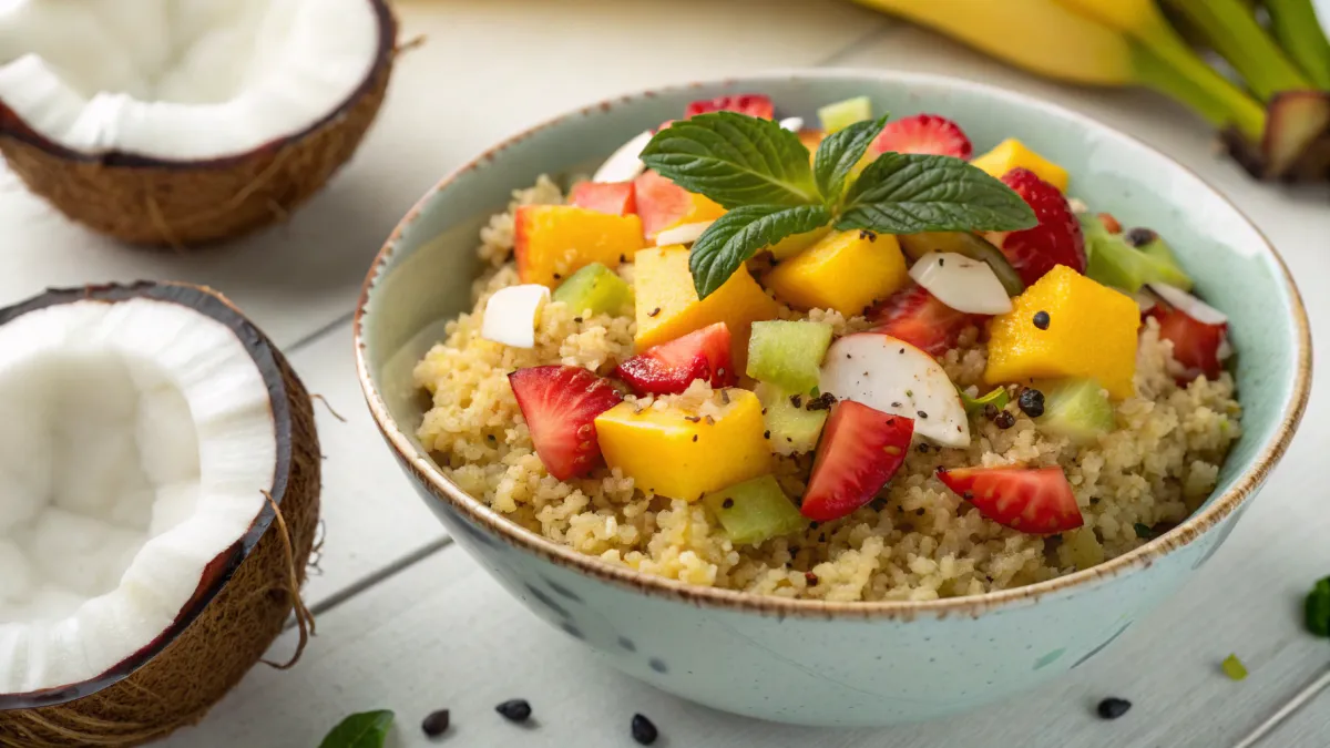 Geroosterde boekweit met tropisch fruit en kokos