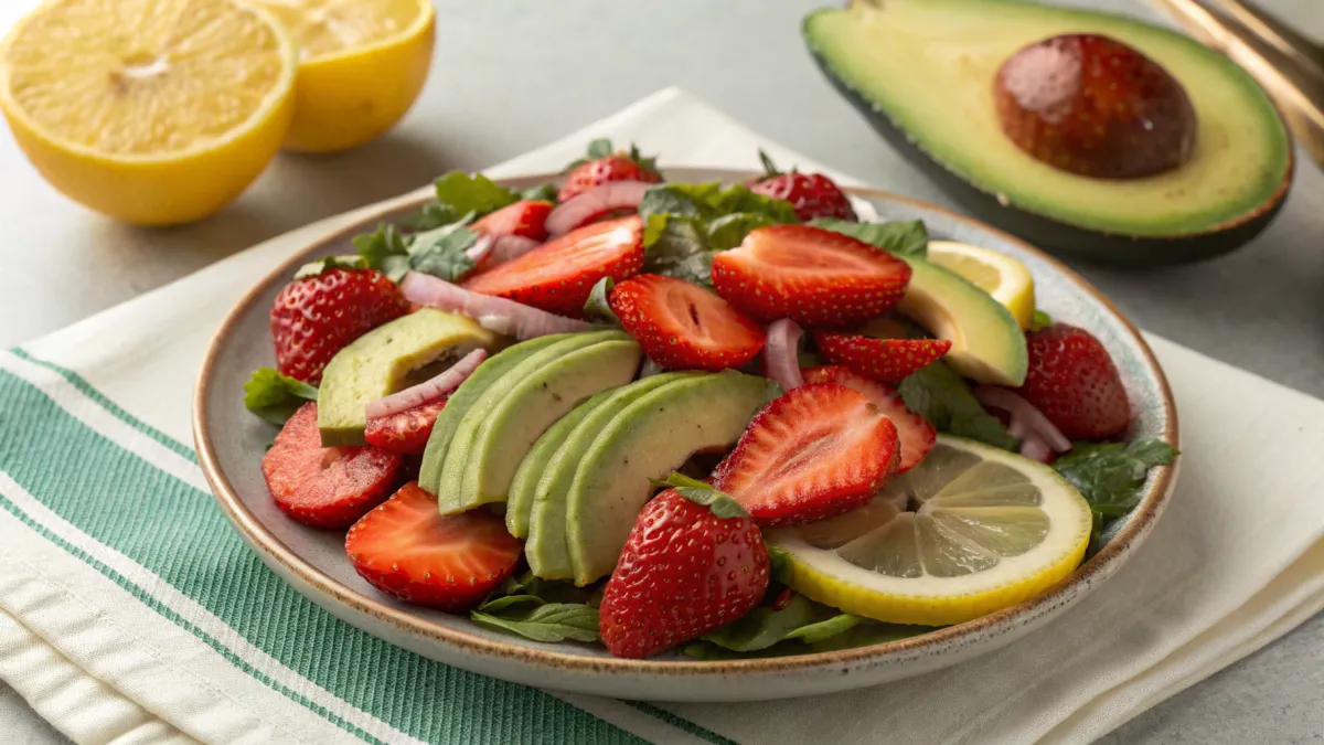 Ecuadoriaanse aardbeien salade met avocado en limoen
