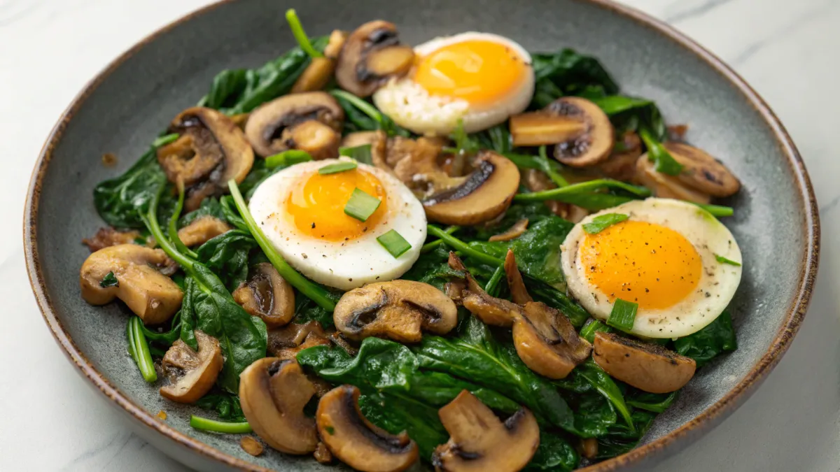Wokgebakken champignons met spinazie en ei