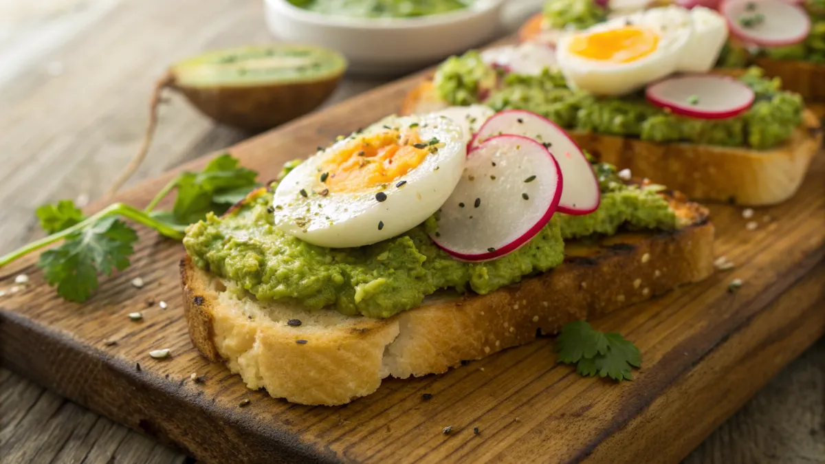 Pesto avocado toast met radijs en ei