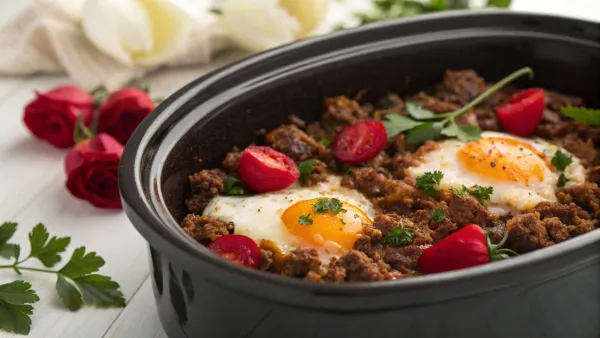 Romantische slowcooker ontbijtschotel met rundergehakt