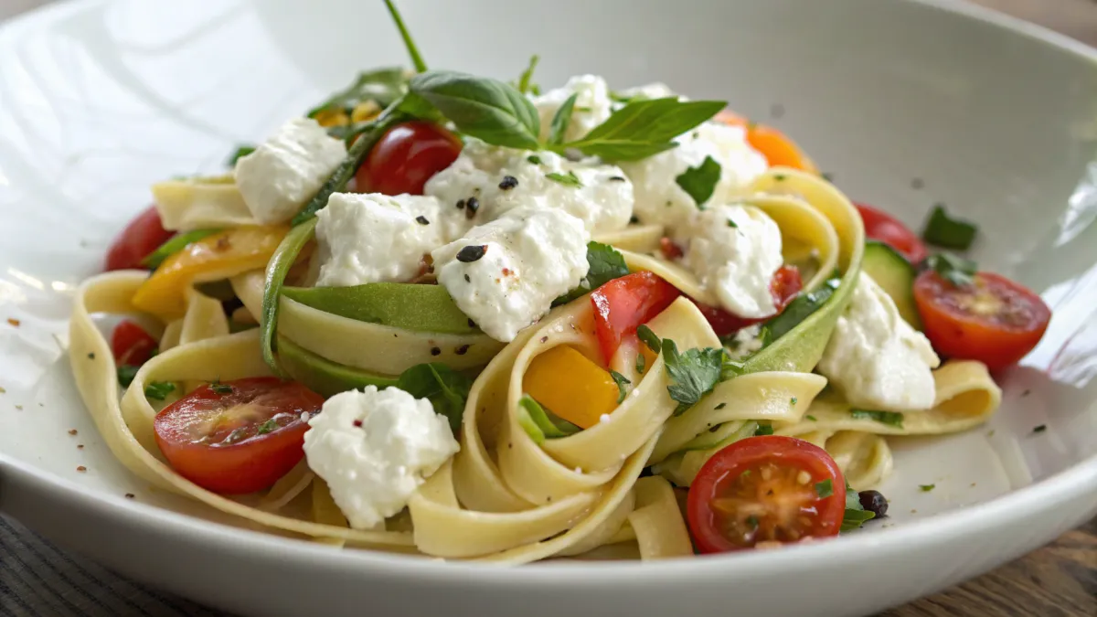 Rauwe pasta met romige feta en verse groenten