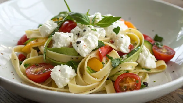 Rauwe pasta met romige feta en verse groenten
