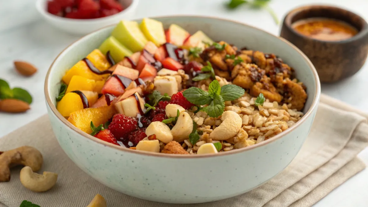 Geroosterde cashewnoot ontbijt bowl met Venezolaanse smaken