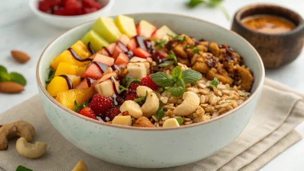 Geroosterde cashewnoot ontbijt bowl met Venezolaanse smaken