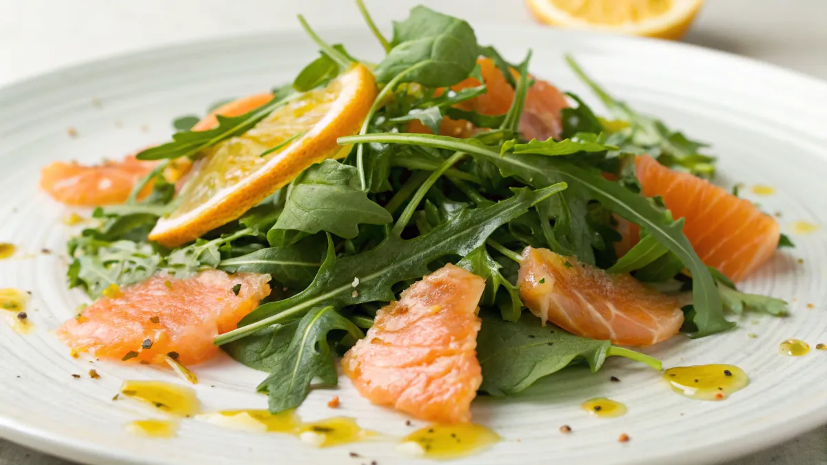 Rucola salade met gerookte zalm en citroendressing