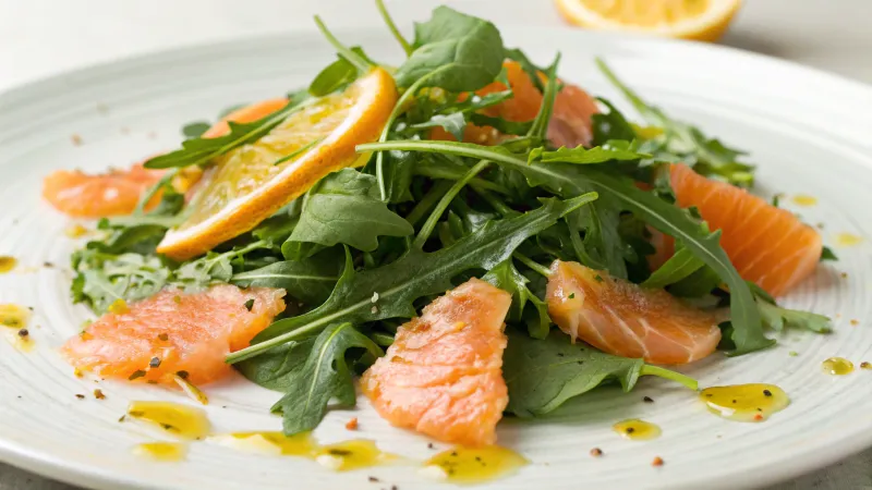 Rucola salade met gerookte zalm en citroendressing