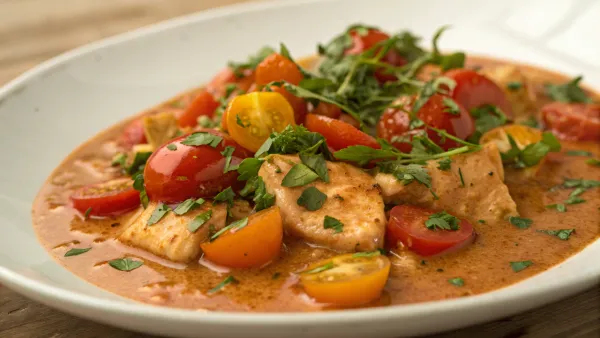 Romige gestoofde tomaten met kip en kokosmelk
