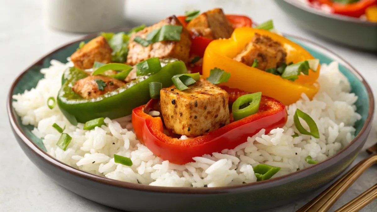 Gestoomde paprika met tempeh en kokosrijst