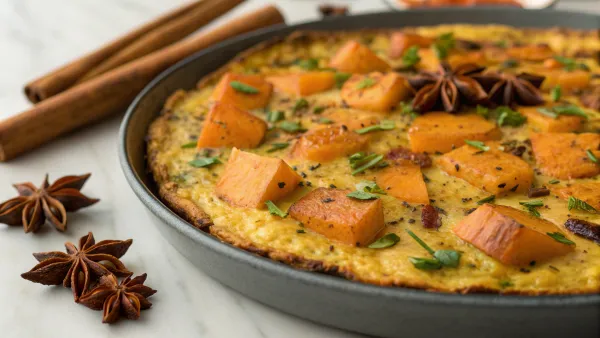 Romige zoete aardappel frittata met Ethiopische specerijen