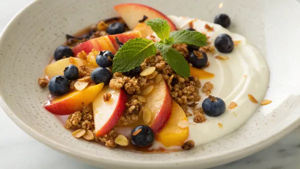 Gemarineerde honing-yoghurt met fruit en granola