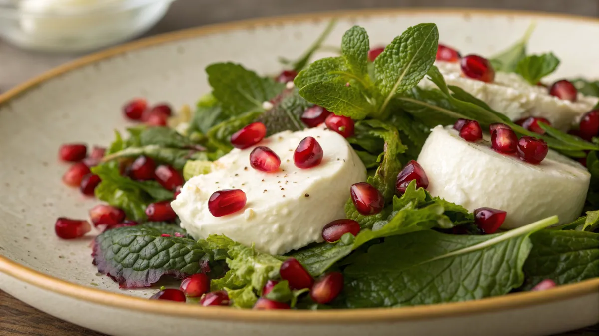 Rauwe geitenkaas salade met granaatappel en munt
