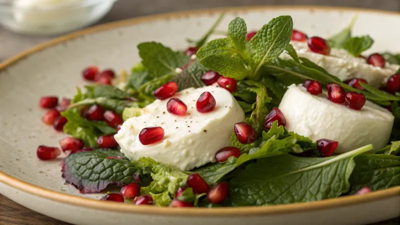 Rauwe geitenkaas salade met granaatappel en munt