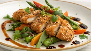 Kruidige sesamzaad kip met lentegroenten