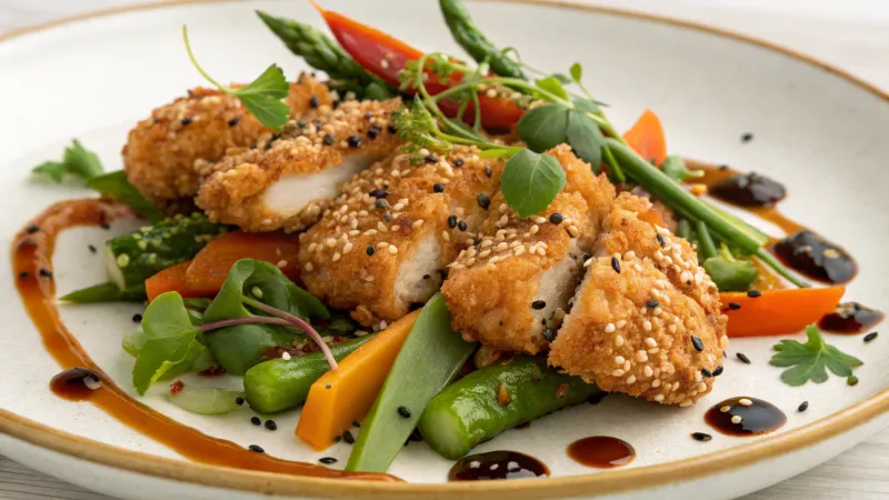 Kruidige sesamzaad kip met lentegroenten
