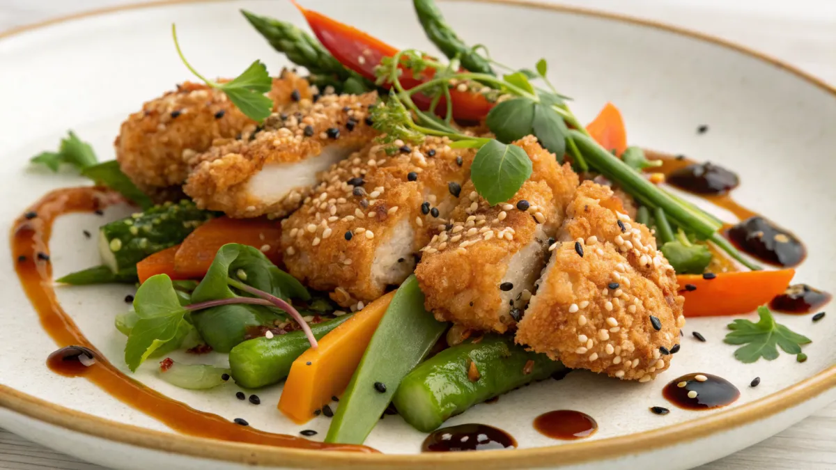 Kruidige sesamzaad kip met lentegroenten
