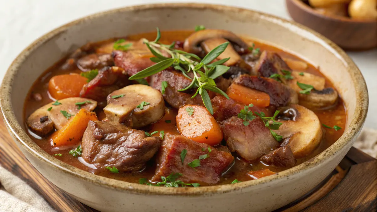 Belgische stoofpot met bacon en paddenstoelen