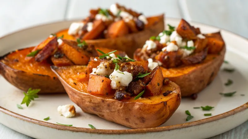 Gepofte zoete aardappel met Belgische toppings