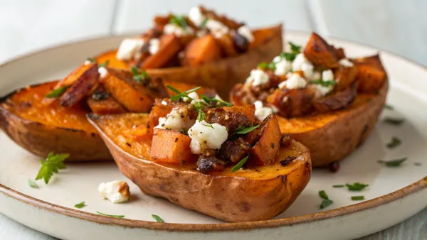 Gepofte zoete aardappel met Belgische toppings