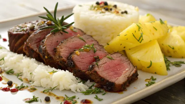 Polynesisch lamsvlees met ananas en kokosrijst