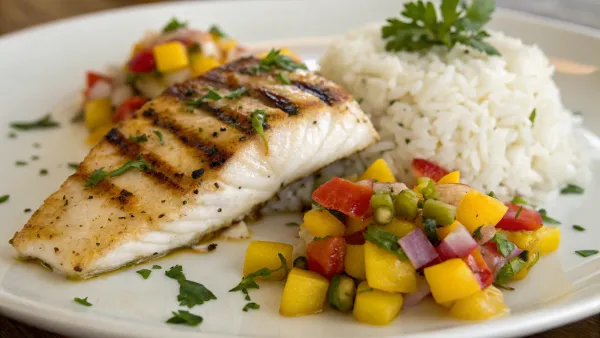 Gegrilde witte vis met kokosrijst en ananas salsa