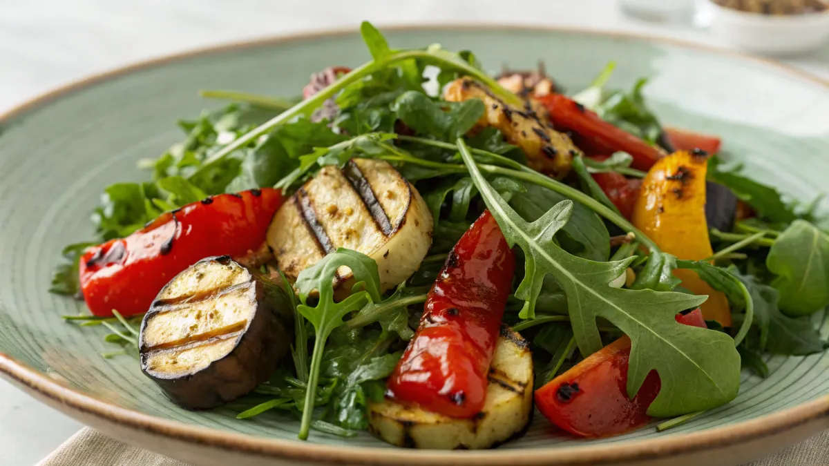Rucola salade met Tunesische kruiden en gegrilde groenten