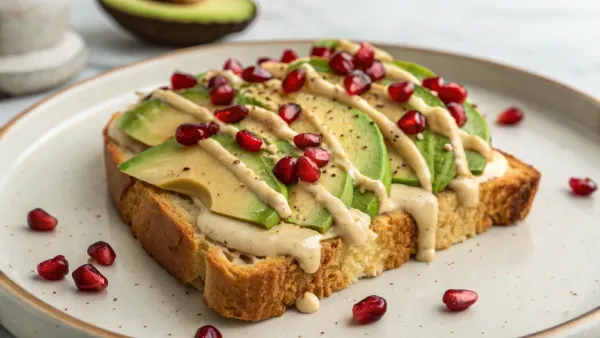 Avocado toast met tahin en granaatappel
