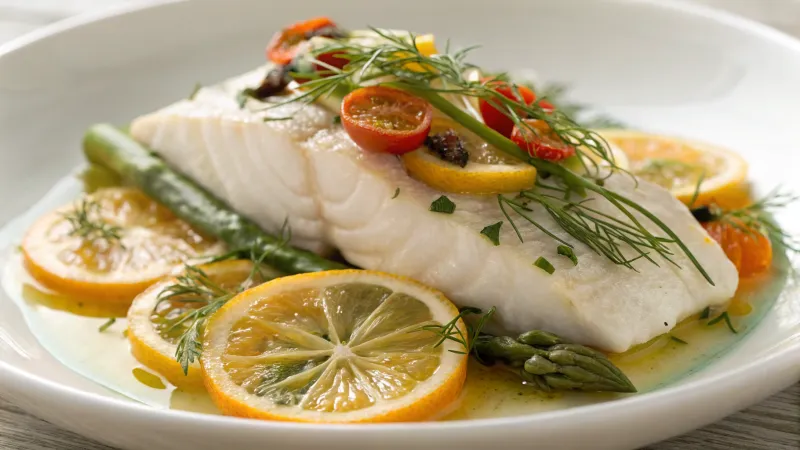 Gestoomde witte vis met citrus en kruiden